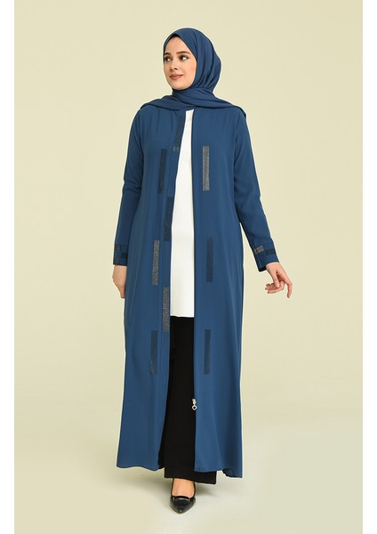 Büyük Beden Taşlı Ferace 5044-01 Indigo