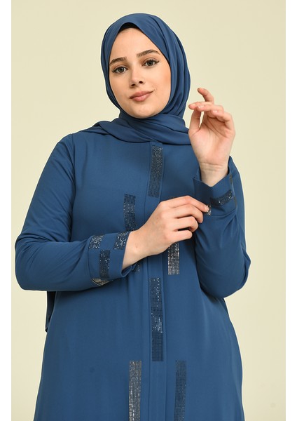 Büyük Beden Taşlı Ferace 5044-01 Indigo fırsatları