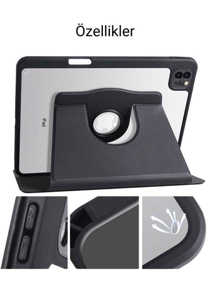 iPad 11 Inç Pro M2 3/4 Nesil Uyumlu 360 Dönebilen Yatay Dikey Stand Özellikli Pino Tablet Kılıfı