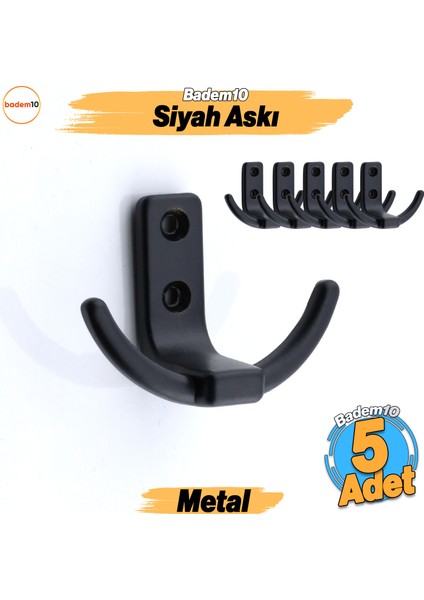 Çapa 5 Adet Askı Siyah Dolap Askılık Askılığı Duvar Vestiyer Banyo Mutfak Elbise Kıyafet Askısı