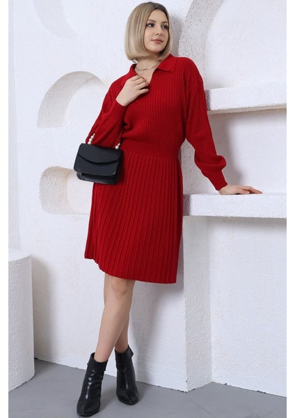 Kadın Kırmızı Polo V Yaka Pileli Etekli Triko Elbise modelleri