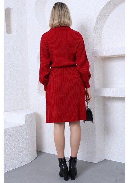 Kadın Kırmızı Polo V Yaka Pileli Etekli Triko Elbise fırsatları