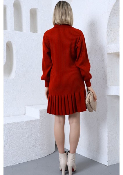 Kırmızı Yaka Fırfırlı Triko Elbise modelleri