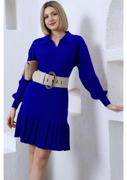 Saks Polo Yaka Fırfırlı Triko Elbise