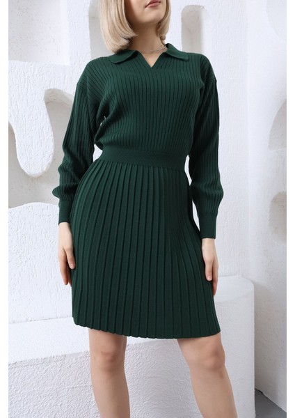 Kadın Zümrüt Yeşil Polo Yaka Pileli Triko Elbise
