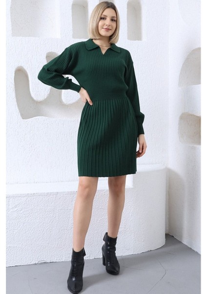 Kadın Zümrüt Yeşil Polo Yaka Pileli Triko Elbise fiyatları