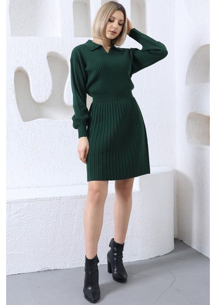 Kadın Zümrüt Yeşil Polo Yaka Pileli Triko Elbise modelleri