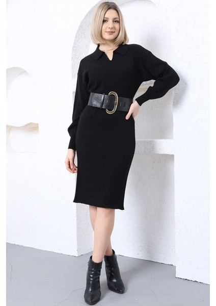 Kadın Siyah Polo Yaka Uzun Triko Elbise