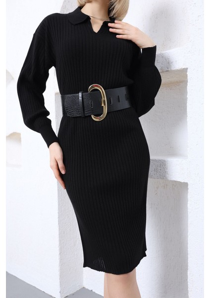 Kadın Siyah Polo Yaka Uzun Triko Elbise fiyatları