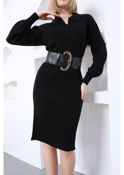 Kadın Siyah Polo Yaka Uzun Triko Elbise modelleri