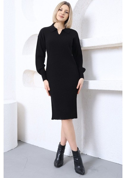 Kadın Siyah Polo Yaka Uzun Triko Elbise fırsatları
