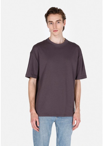 Oversize Fit Yuvarlak Yaka Düz Erkek Antrasit Kısa Kol Tişört