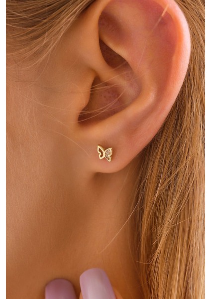 14 Ayar Altın Tragus Küpe Kelebek Vidalı