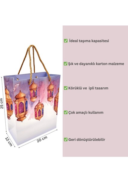 Ramazan Kandil Temalı Hediye Çantası, Ipli Karton Çanta, Iftar Ikram Çantası, 20 x 25 x 12 cm , 6 Adet fiyatları