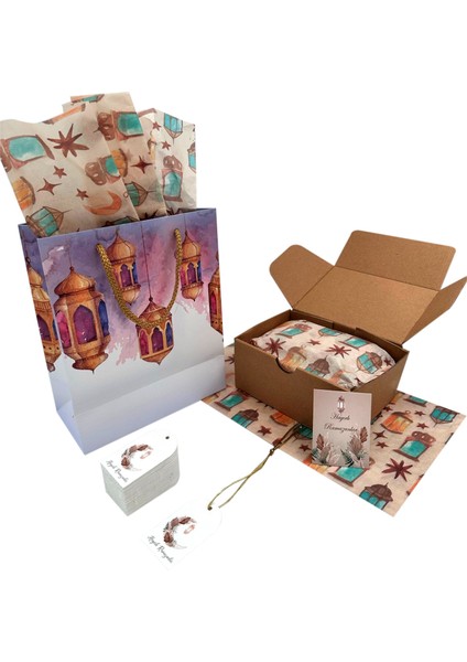 Ramazan Kandil Temalı Hediye Çantası, Ipli Karton Çanta, Iftar Ikram Çantası, 20 x 25 x 12 cm , 6 Adet modelleri