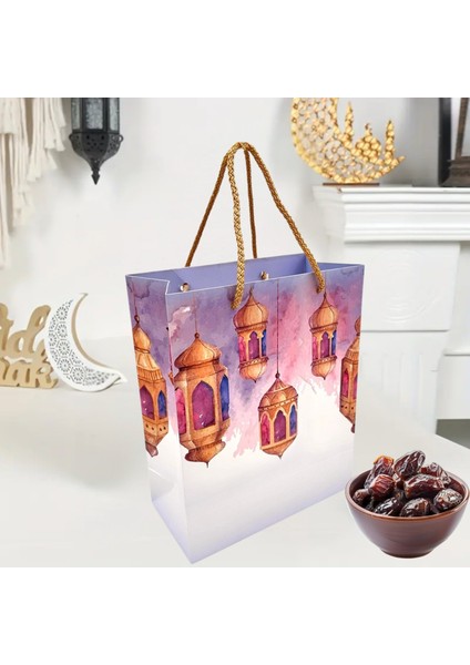 Ramazan Kandil Temalı Hediye Çantası, Ipli Karton Çanta, Iftar Ikram Çantası, 20 x 25 x 12 cm , 6 Adet indirimleri