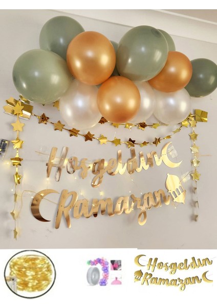 Hoşgeldin Ramazan Gold Yazı Ledli Zincir Balon Seti 11 Ayın Sultanı Ramazan Bayramı Oda Süsleme Seti