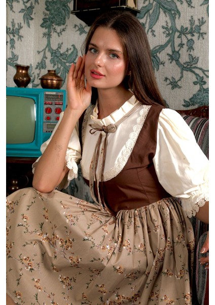 Vintage Kahverengi Mini Elbise