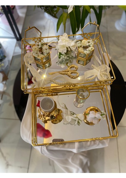 Söz Tepsisi Gold Cam Tepsi Nişan Tepsisi Damat Kahvesi