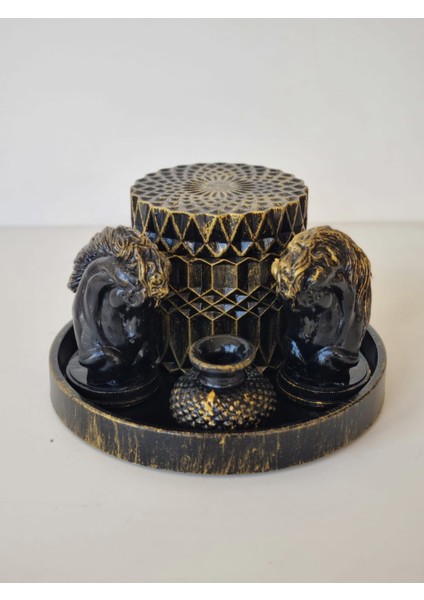 Siyah Gold Atlı Set-Yuvarlak Tepsi 2 Adet At Figürleri Kapaklı Kutu Mini Vazo