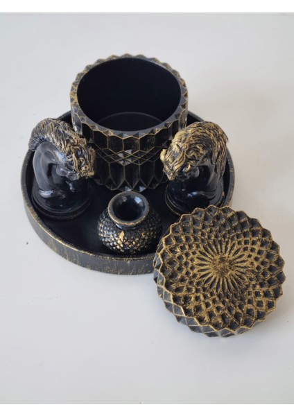 Siyah Gold Atlı Set-Yuvarlak Tepsi 2 Adet At Figürleri Kapaklı Kutu Mini Vazo indirimleri