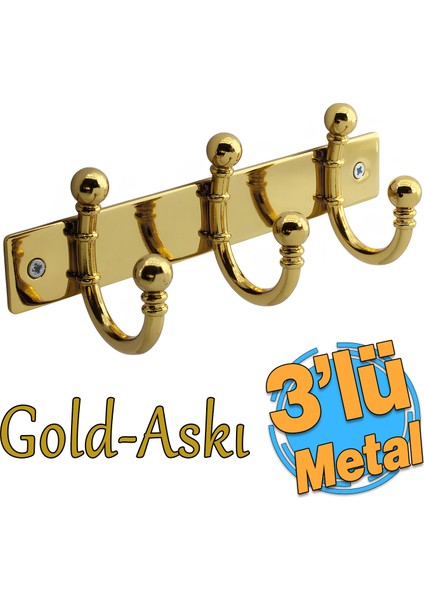 Metal 3'lü Birleşik Vestiyer Duvar Monteli Askı Dolap Askılığı Vidalı Gold Elbise Askısı 1 Adet