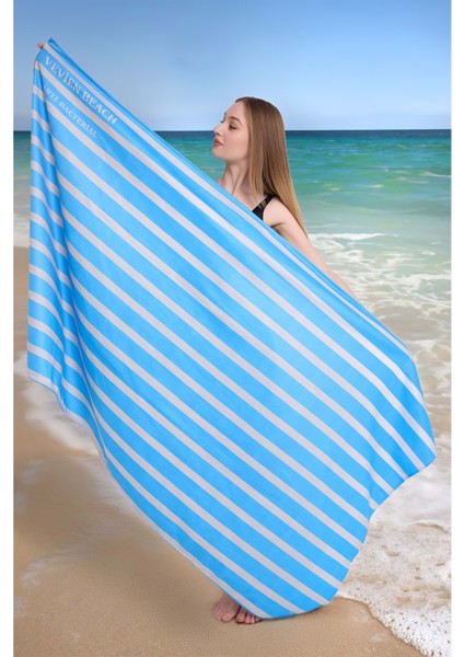 Çizgili Dijital Baskılı 100 x 180 cm Plaj Havlusu (Plaj Çantası+Bone Hediyeli) Mavi