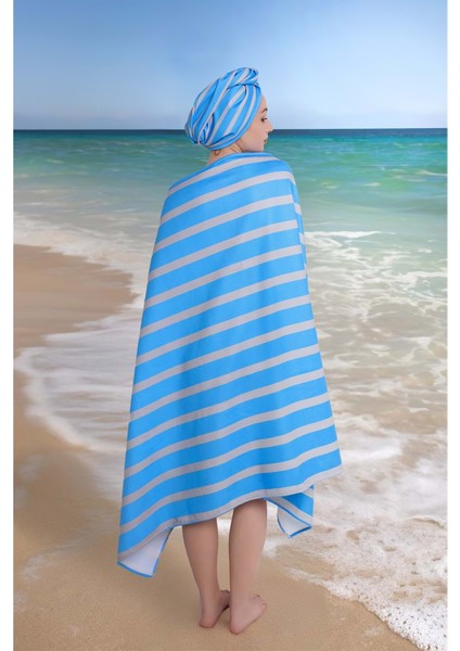Çizgili Dijital Baskılı 100 x 180 cm Plaj Havlusu (Plaj Çantası+Bone Hediyeli) Mavi