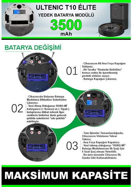 Ultenic T10 Elite 3500mAh Robot Süpürge Bataryası - Gerçek Kapasite, Maksimum Güvenlik indirimleri