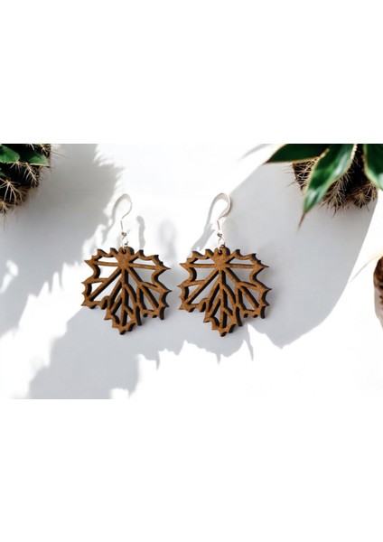 Ylndesign Wood & Craft - Lazer Kesim Doğal Yaprak Desen Sallantılı Ahşap Küpe