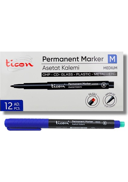 Permanent Asetat Kalemi M Uç Silgili Mavi 12 Adet