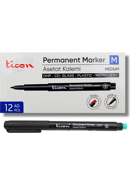 Permanent Asetat Kalemi M Uç Silgili Siyah 12 Adet