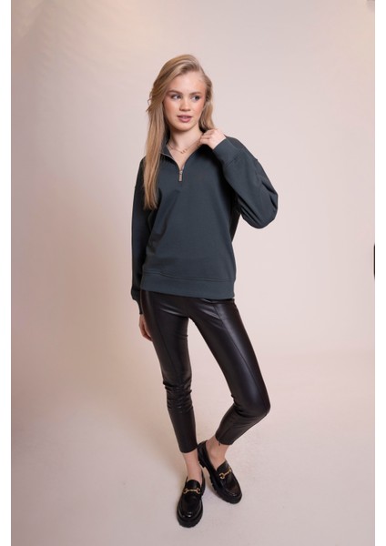 Muse Kadın Yeşil Yarım Fermuarlı Sweatshirt - Geri Dönüştürülmüş Kumaş, Rahat ve Şık Tasarım indirimleri