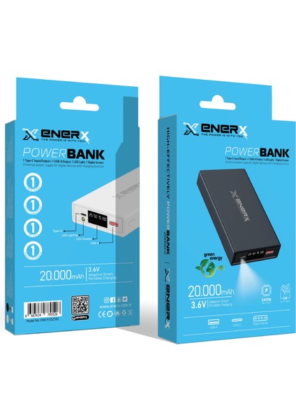 Enerx Powerbank 20000 mAh 2.1 Amper LED Göstergeli ENR-P2025DC Siyah