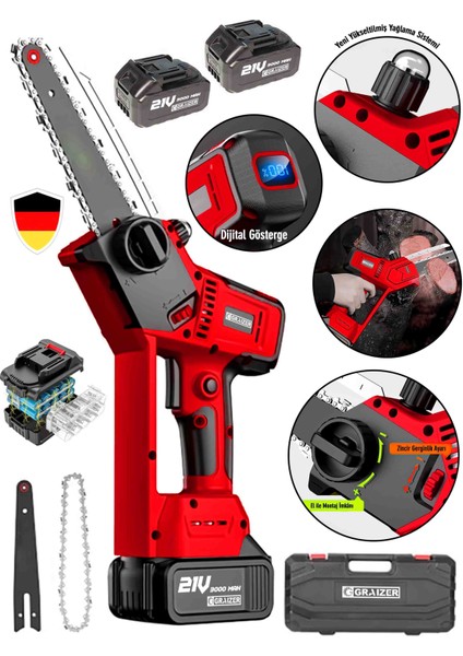 Alman 21 Vf 20 cm Dijital Şarj Göstergeli Karbon Motor Şarjlı Akülü Dal Kesme Budama Testere Makinesi 10 Pilli fiyatları