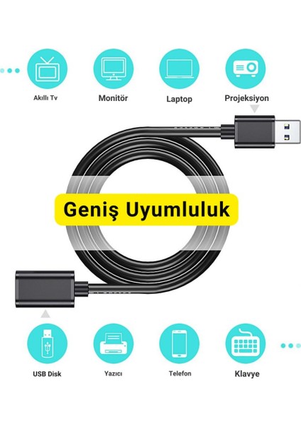 2 Metre Dişi-Erkek USB Uzatma Kablosu, Yazıcı, Harddisk, Veri Aktarım, Şarj Uzatma Kablosu