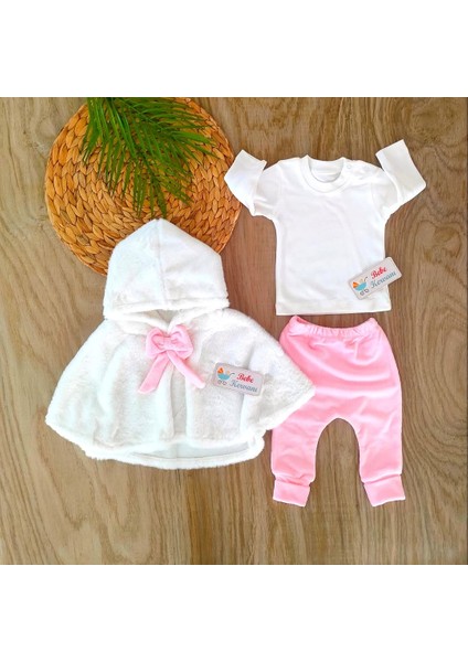 Kız Bebek %100 Pamuklu Pembe Kadife Kumaş Pelerinli Takım BBK5568