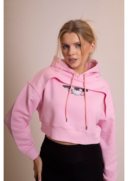 Muse Kadın Pembe Koala Baskılı Crop Sweatshirt - Oversize, Kapüşonlu, Rahat ve Şık