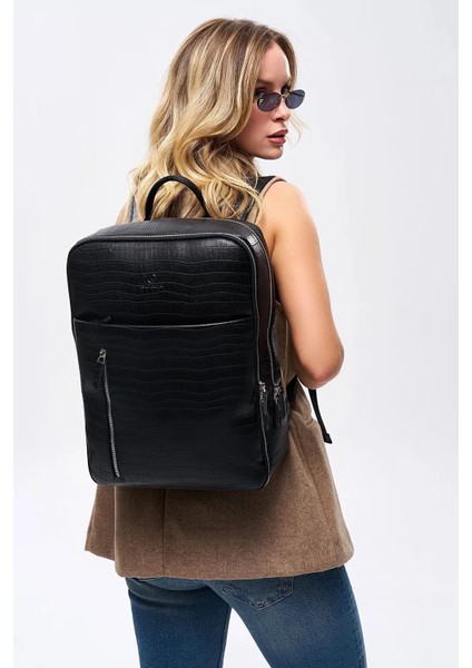Organizer Laptop Premium Vegan Deri Sırt Laptop Çantası Unisex Crazy Kroko