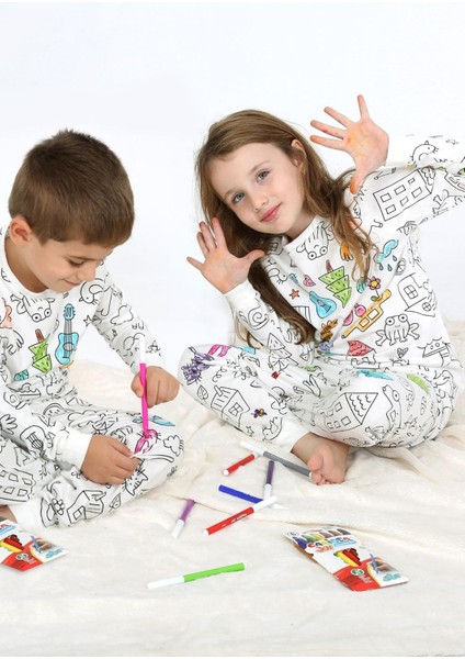 Uzun Kollu Özel Kalem Hediye Boyanabilir Kız Erkek Çocuk Pijama Takımı Yıkama Sonrası Leke Bırakmaz