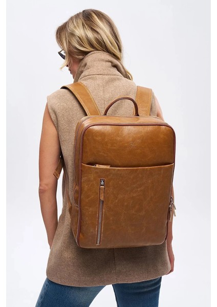 Organizer Laptop Premium Vegan Deri Sırt Laptop Çantası Unisex Açık Kahverengi