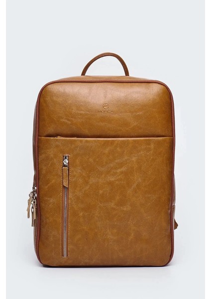 Organizer Laptop Premium Vegan Deri Sırt Laptop Çantası Unisex Açık Kahverengi fırsatları