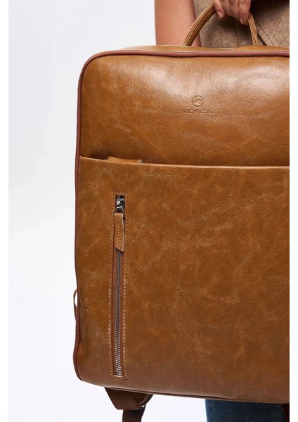 Organizer Laptop Premium Vegan Deri Sırt Laptop Çantası Unisex Açık Kahverengi indirimleri