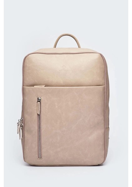 Organizer Laptop Premium Vegan Deri Sırt Laptop Çantası Unisex Bej