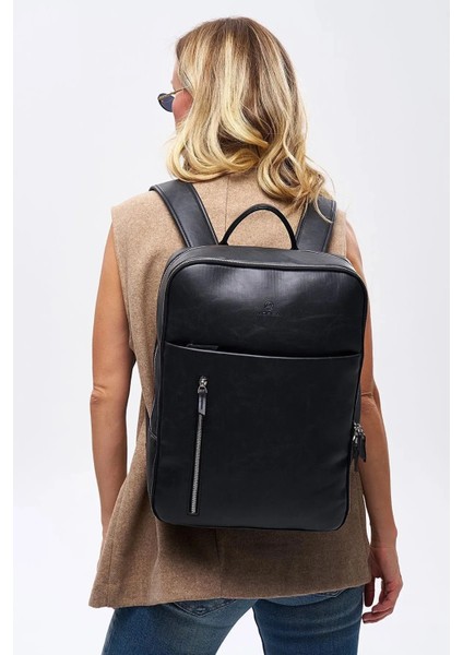 Organizer Laptop Premium Vegan Deri Sırt Laptop Çantası Unisex Siyah