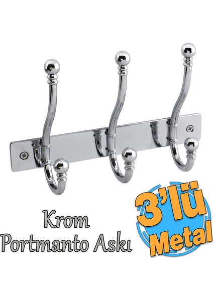 Metal Krom 3'lü Birleşik Portmanto Vestiyer Duvar Monteli Dolap Askılığı Vidalı Elbise Asma 1 Adet