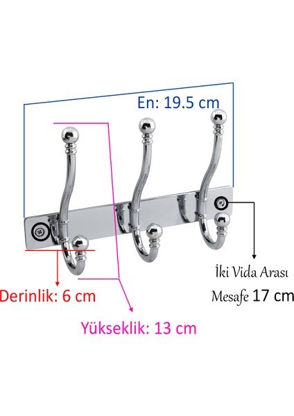 Metal Krom 3'lü Birleşik Portmanto Vestiyer Duvar Monteli Dolap Askılığı Vidalı Elbise Asma 1 Adet