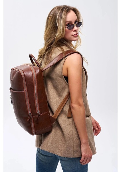 Organizer Laptop Premium Vegan Deri Sırt Laptop Çantası Unisex Taba modelleri