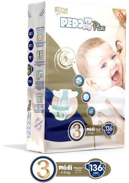 Plus Midi Jumbo Bebek Bezi 136 Adet