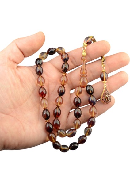 Burhan sağlam Özel Seri Arpa Kesim Gümüş Püsküllü 12x9 mm Ateş Kehribar Tesbih